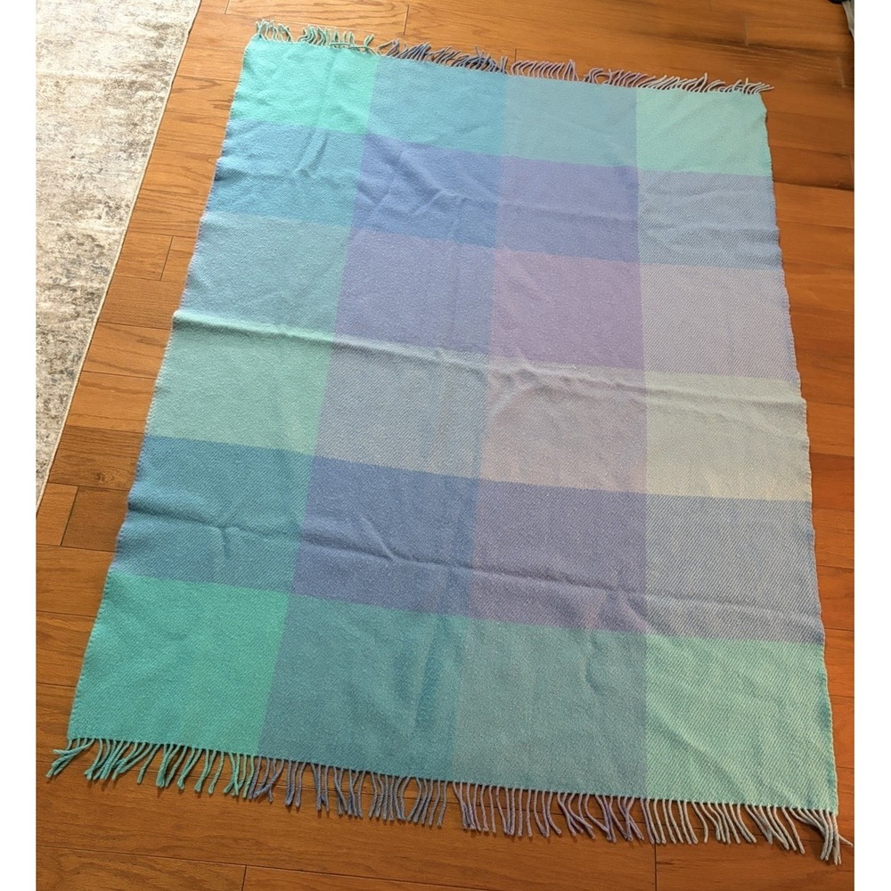 VTG IKEA 100% pure Wool Throw Blanket Plaid Fringe Pastel Cottagecore 71" X 51"